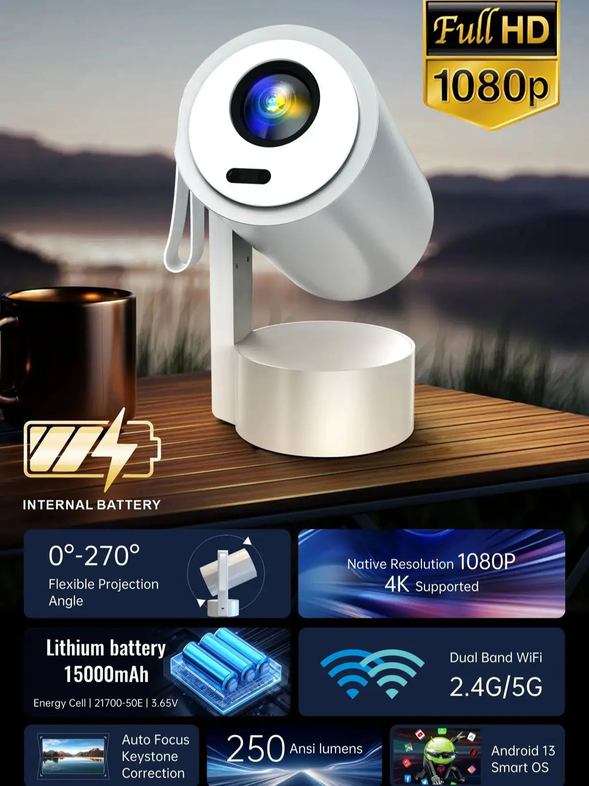 WZATCO CR3P Android 13 5G WiFi Smart Auto Focus Full HD 1080P Projector LED Video Home Theater Proyector Beamer Built-in battery